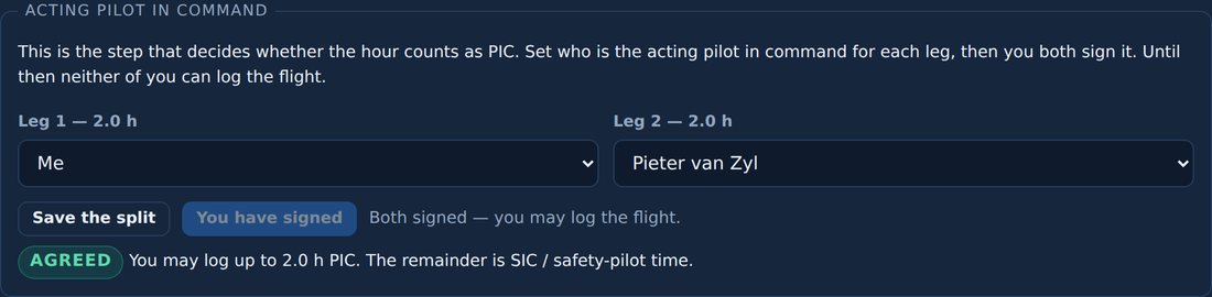 The hour-share screen showing the acting pilot in command agreement between two pilots